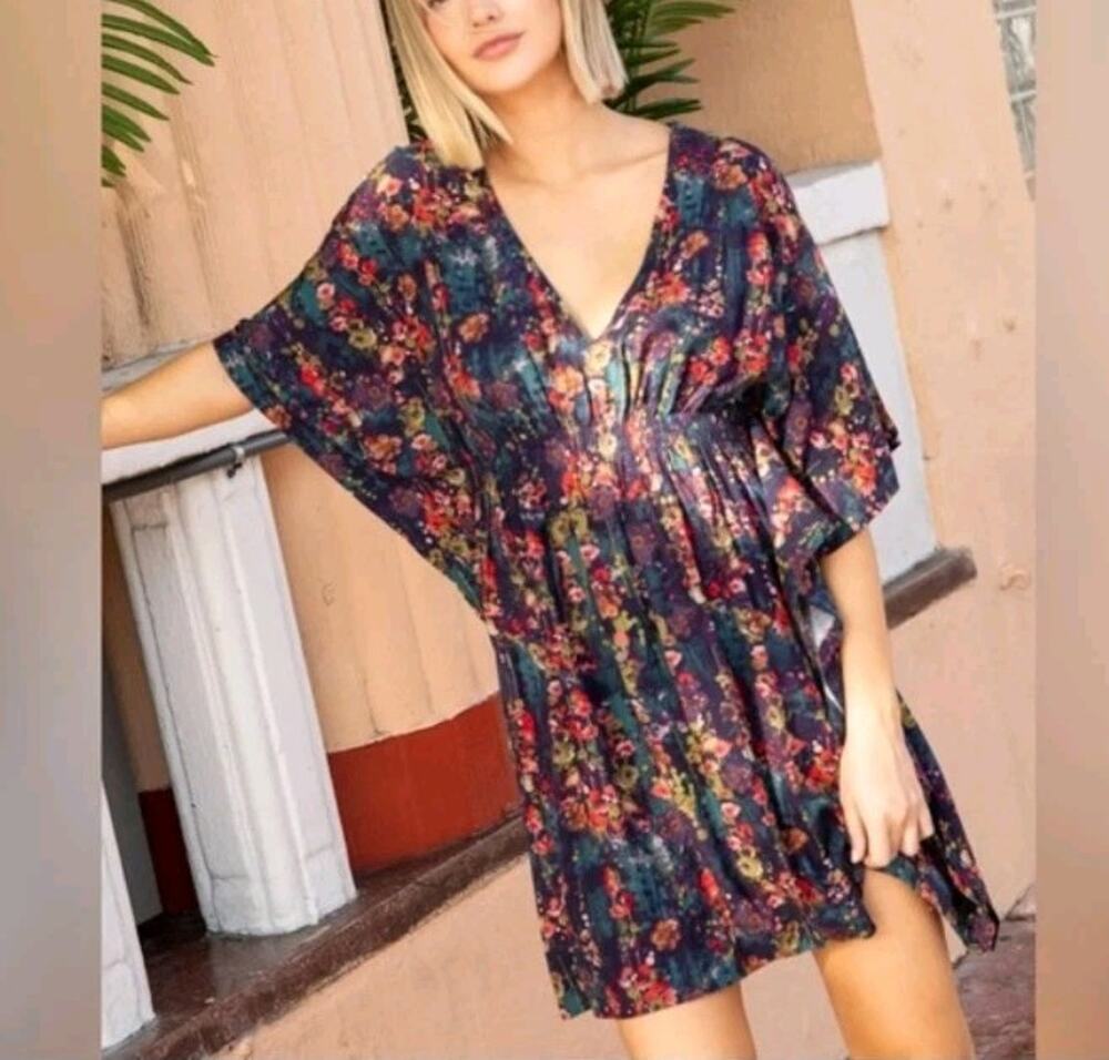 Natural Life Sanibel Mini Dress L Indigo Watercolor Floral Boho Kaftan Flowy